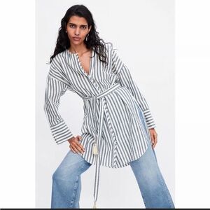 Zara grey and White Striped Tunic Top